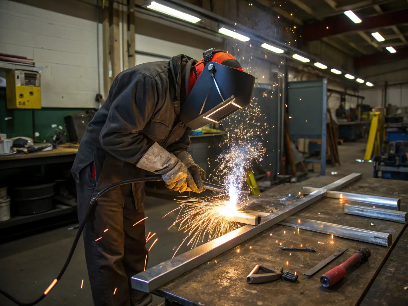 A photograph showcasing the metal fabrication process at Legacy Stainless Designs, with a skilled craftsman welding a stainless steel structure in a well-equipped workshop.