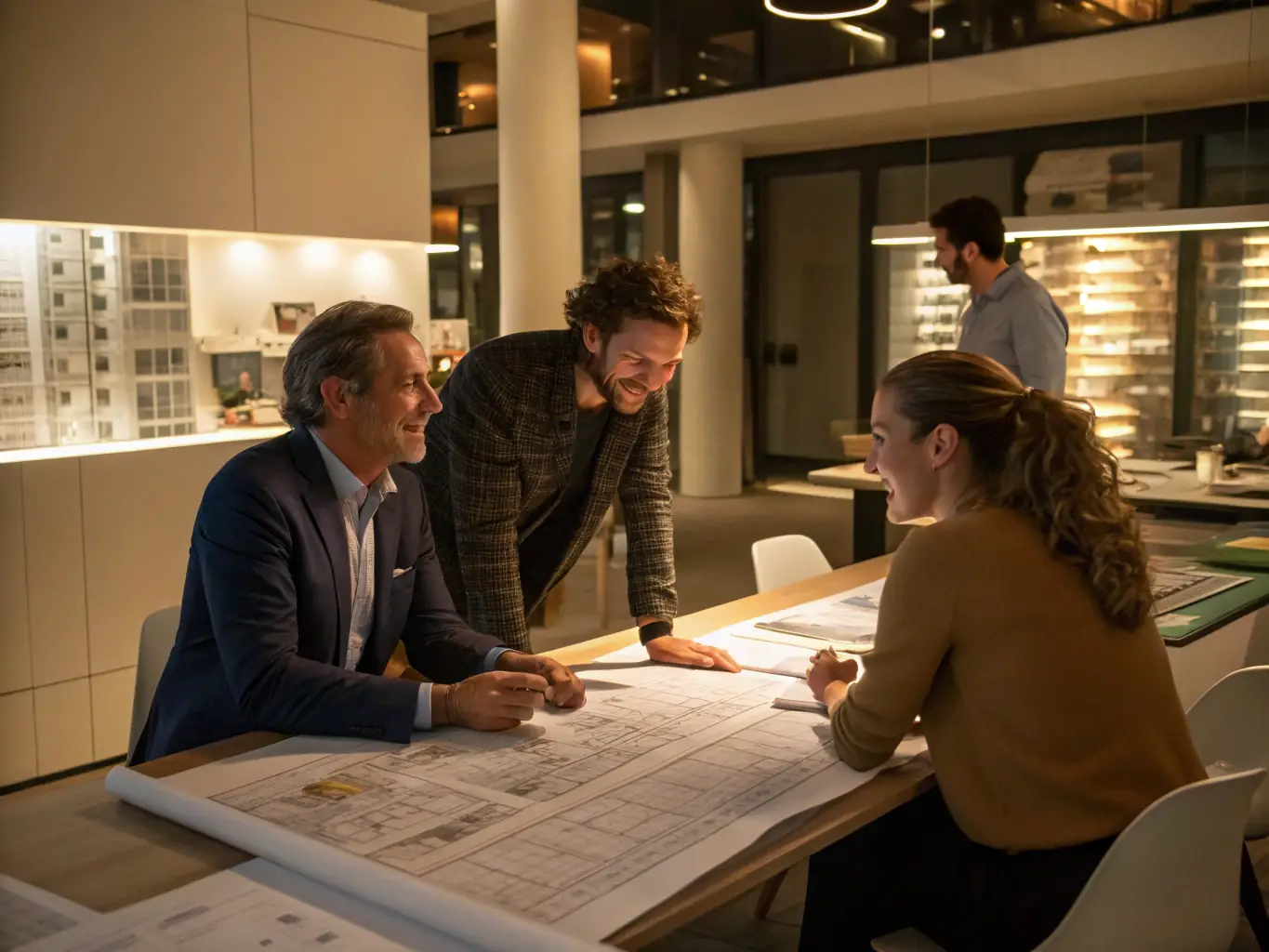 A photograph depicting a design consultation in progress at Legacy Stainless Designs, showing a designer reviewing blueprints with a client in a modern office setting.