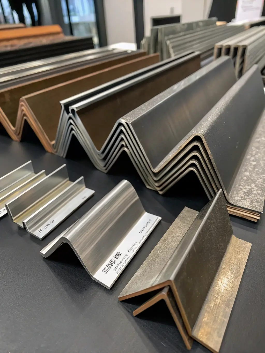 A composite image showcasing various metal samples (stainless steel, copper, iron) with different finishes and textures, highlighting the range of materials used by Legacy Stainless Designs.