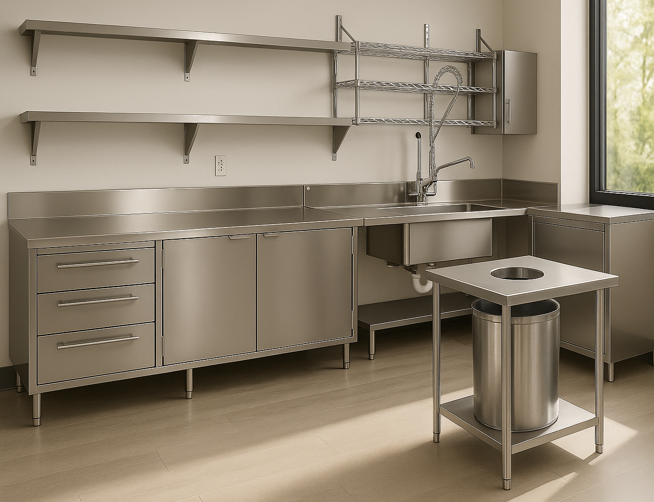 Professional stainless steel care facility workspace with cabinets, drawers, wall shelves, deep sink, and integrated waste bin.