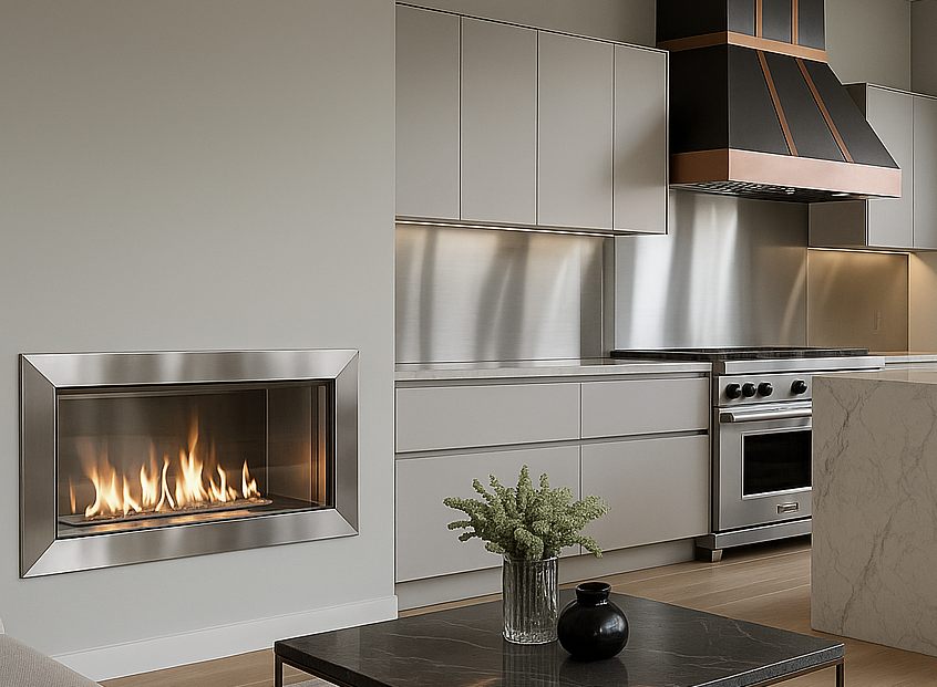 Custom modern stainless steel fireplace and a black and copper kitchen range hood, showcasing Legacy Stainless Designs' work in a luxurious home.