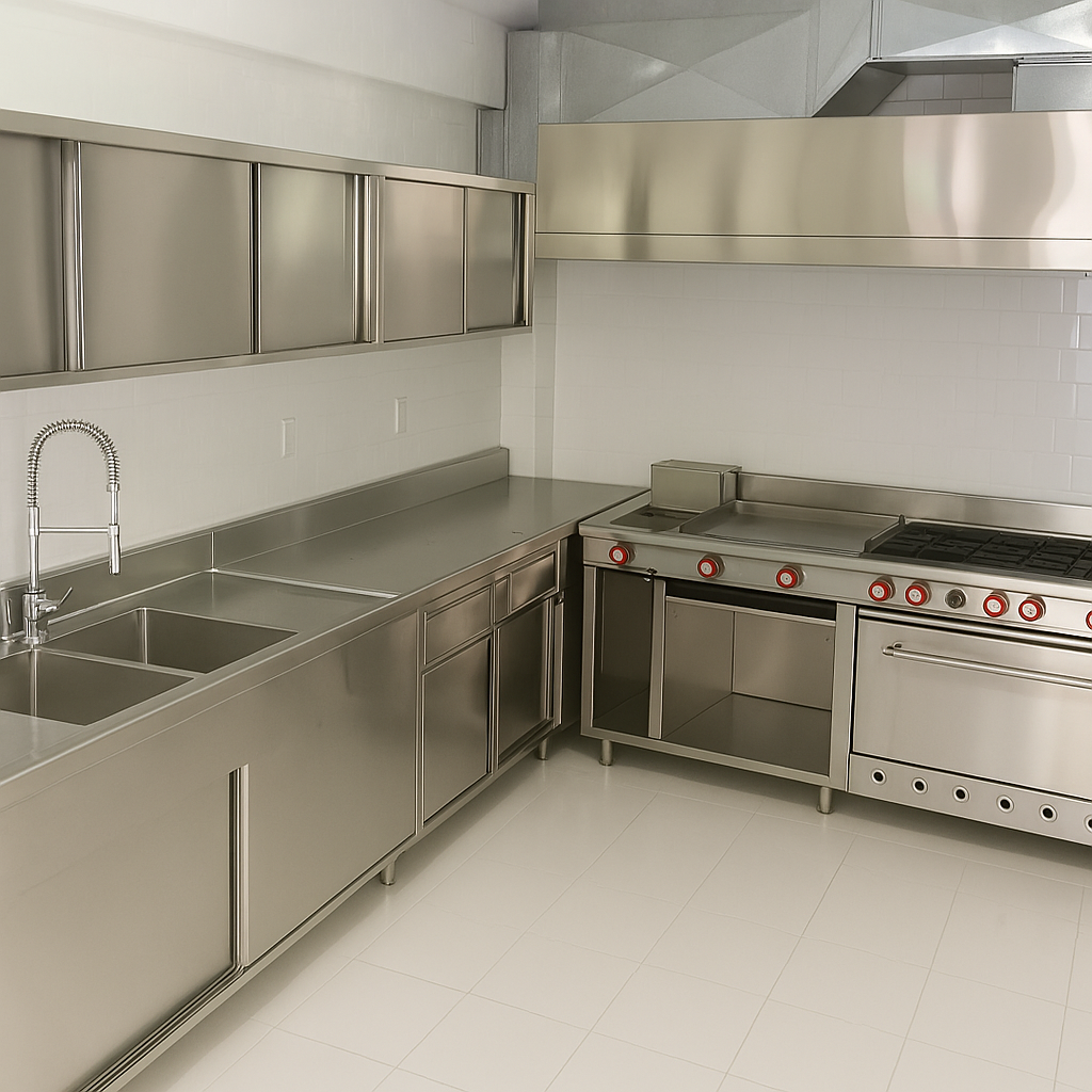 Custom stainless steel commercial kitchen with triple sink, storage cabinets, wall-mounted shelving, range with griddle and burners, and large exhaust hood.